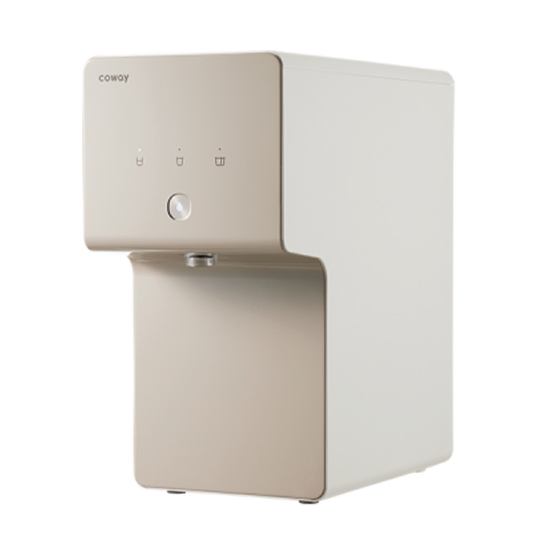 Coway P-6320L Osmose-Wasserfilter in Beige-Weiß mit drei Mengentasten und rundem Bedienknopf an der Front